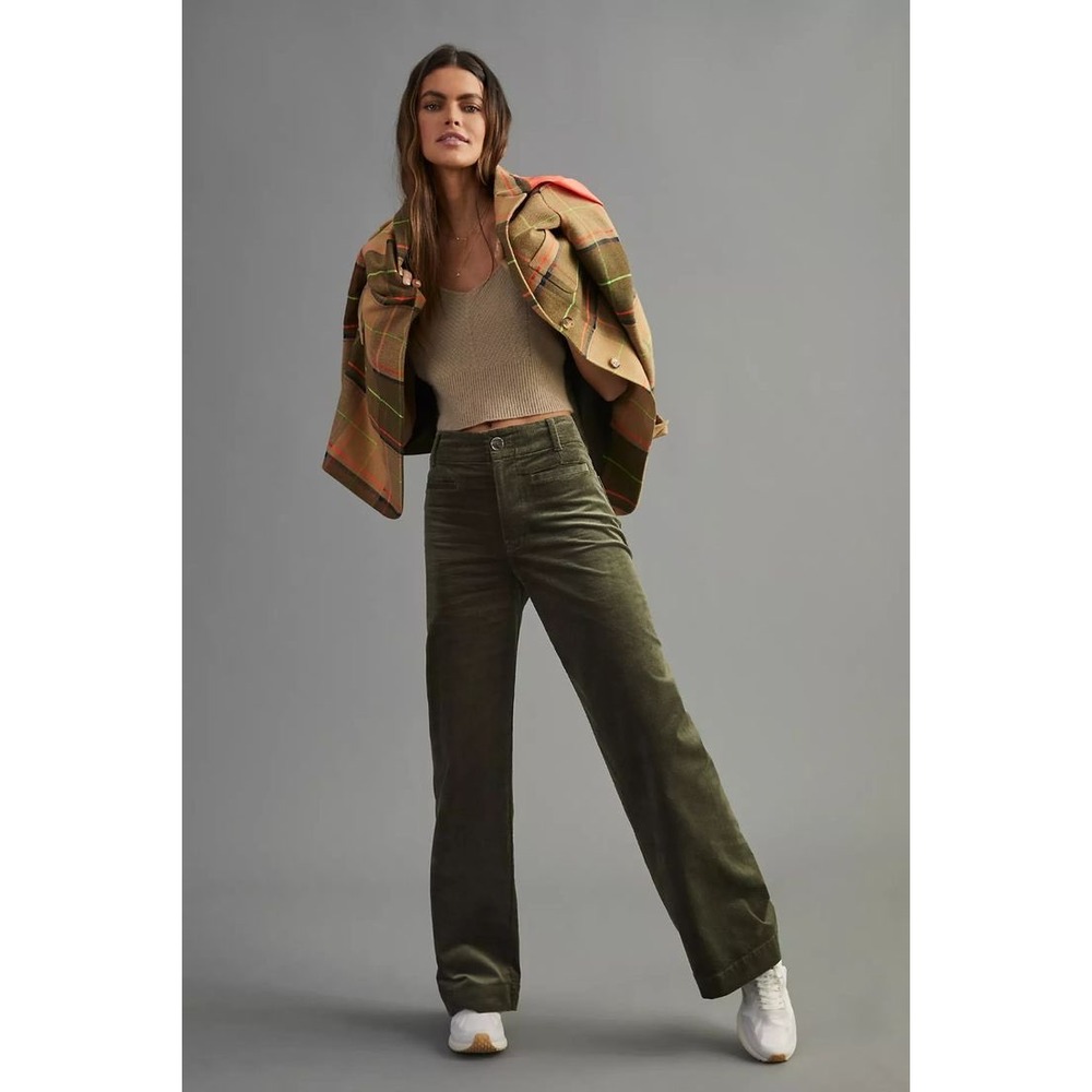 Maeve Anthropologie Colette Olive Green Corduroy Wide Leg Crop Pants Womens 28
